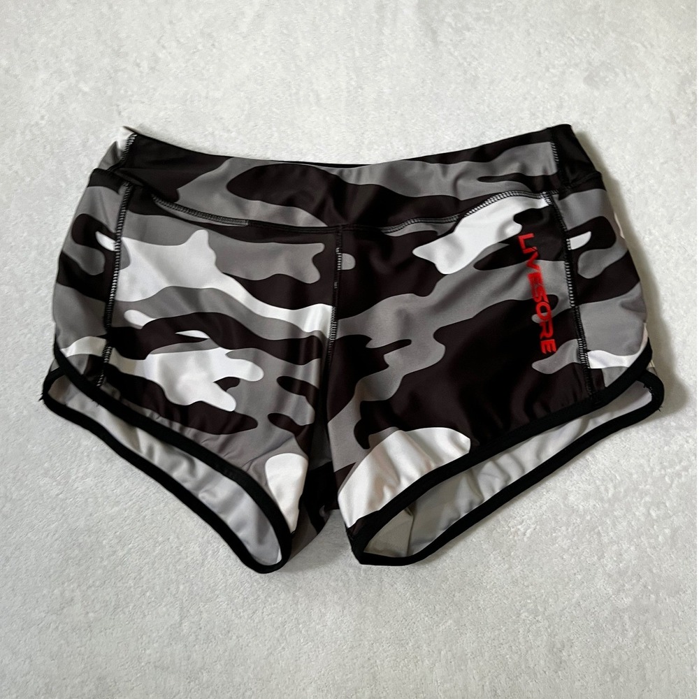 LiveSore Athletic Shorts Gray Black Camo Red Logo Spandex XXL
